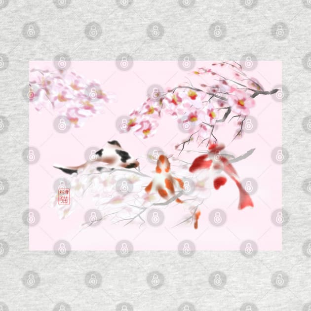 Pretty in pink koi carp with watercolour sakura sumi-e by cuisinecat